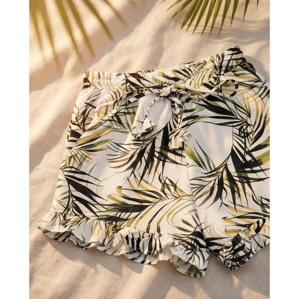 MISA Los Angeles XS White Tropical Palm Print‎ Ruffle Shorts NWT